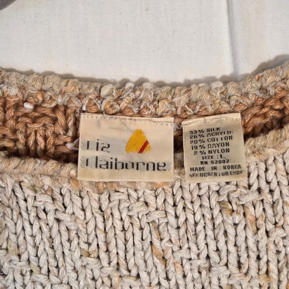 Liz Claiborne Vintage Silk Blend Patchwork Knit Sweater Vest Tan Green Large‎